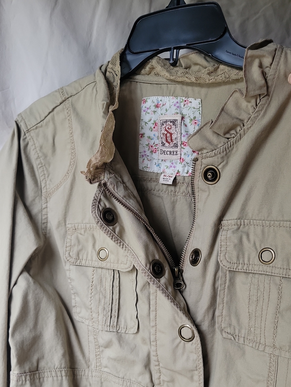 Decree Khaki Utility Jacket with Lace Trim